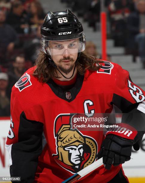 Erik Karlsson of the Ottawa Senators skates against the Winnipeg Jets at Canadian Tire Centre on April 2, 2018 in Ottawa, Ontario, Canada.