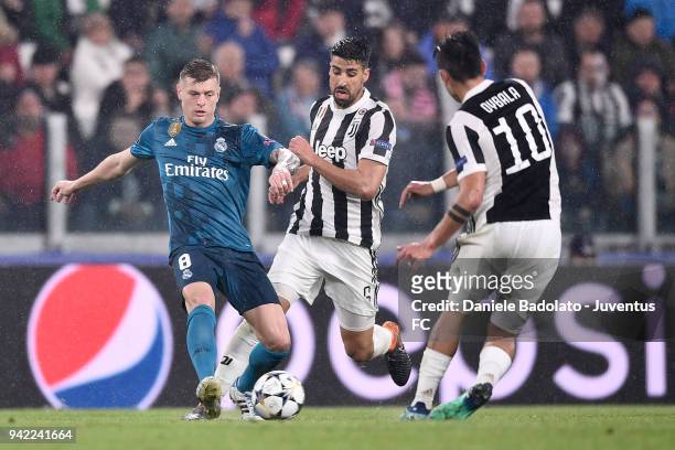 Toni Kroos of Real Madrid and Sami Khedira of Juventus in action during the UEFA Champions League Quarter Final Leg One match between Juventus and...