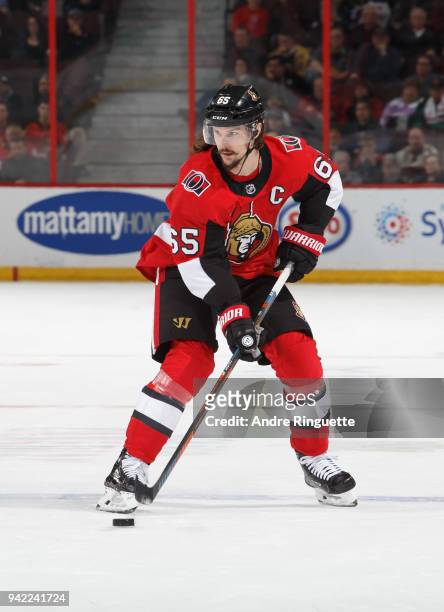 Erik Karlsson of the Ottawa Senators skates against the Winnipeg Jets at Canadian Tire Centre on April 2, 2018 in Ottawa, Ontario, Canada.