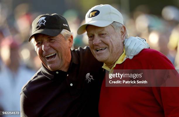 Gary Player of South Africa and Jack Nicklaus of the United States take part in the opening tee ceremony for the first round of the 2018 Masters...