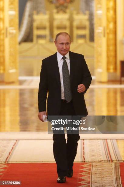 Russian President Vladimir Putin enters the hall during the meeting of State Council at the Grand Kremlin Palace on, April 5, 2018 in Moscow, Russia....