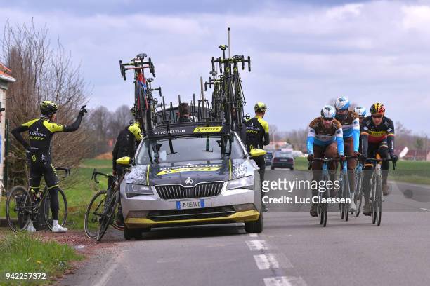 Oliver Naesen of Belgium, Gediminas Bagdonas of Lithuania and Team AG2R La Mondiale during training of 116th Paris to Roubaix 2018 on April 5, 2018...