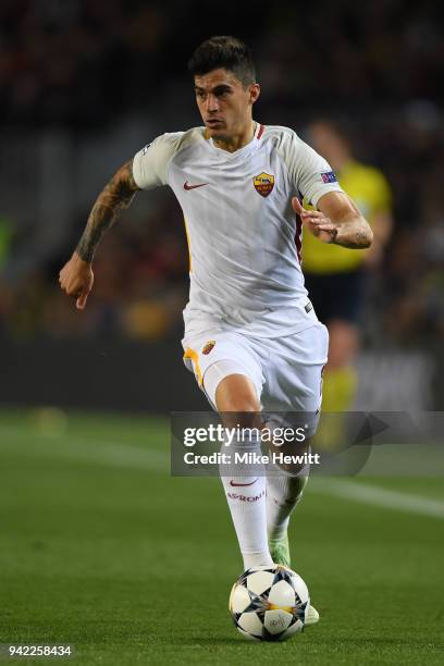 Diego Perotti of Roma in action during the UEFA Champions League Quarter Final Leg One between FC Barcelona and AS Roma at Camp Nou on April 4, 2018...