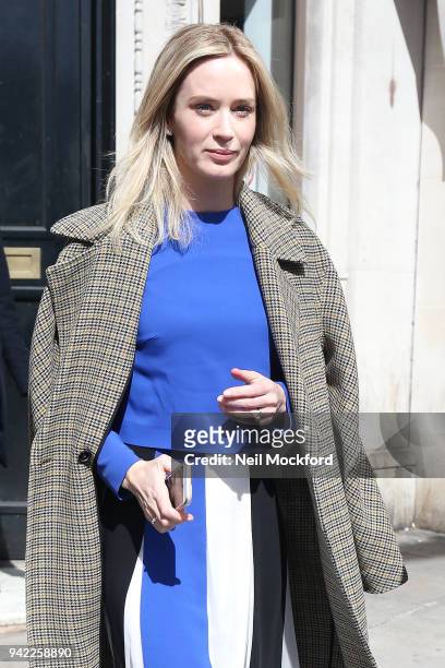 Emily Blunt seen leaving Magic Radio after an interview promoting new movie 'A Quiet Place' on April 5, 2018 in London, England.