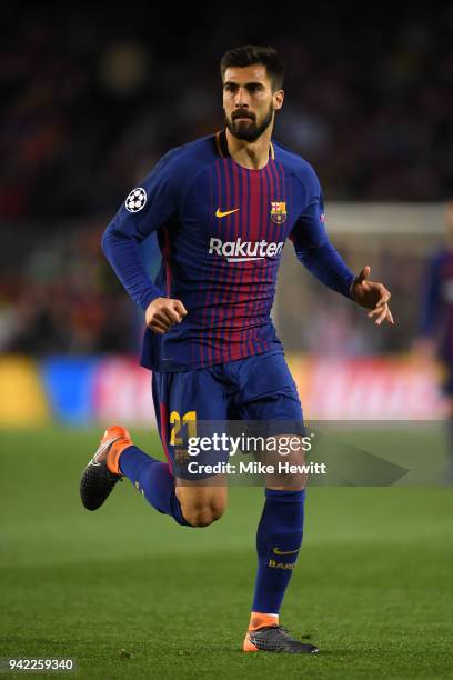 Andre Gomes of Barcelona in action during the UEFA Champions League Quarter Final Leg One between FC Barcelona and AS Roma at Camp Nou on April 4,...