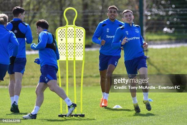 Dominic Calvert-Lewin and Jonjoe Kenny during the Everton FC training session at USM Finch Farm on April 5, 2018 in Halewood, England.