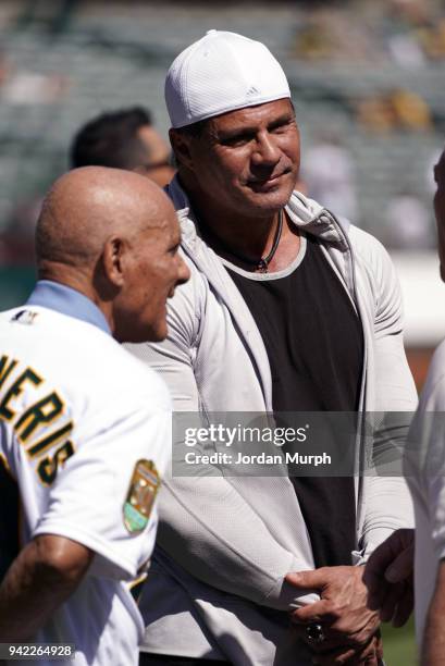 Former Oakland Athletics player Jose Canseco on field before game vs Los Angeles Angels at Oakland Alameda Coliseum. Oakland, CA 3/29/2018 CREDIT:...