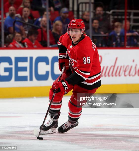 Teuvo Teravainen of the Carolina Hurricanes skates with the puck during an NHL game against the New York Rangers on March 31, 2018 at PNC Arena in...