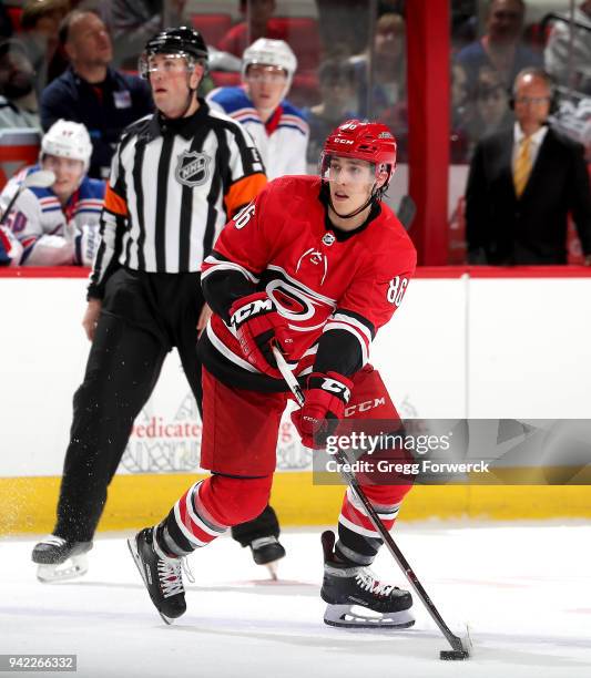 Teuvo Teravainen of the Carolina Hurricanes controls the puck on the ice during an NHL game against the New York Rangers on March 31, 2018 at PNC...