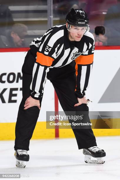 Look on NHL referee Graham Skiliter during the Winnipeg Jets versus the Montreal Canadiens game on April 3 at Bell Centre in Montreal, QC