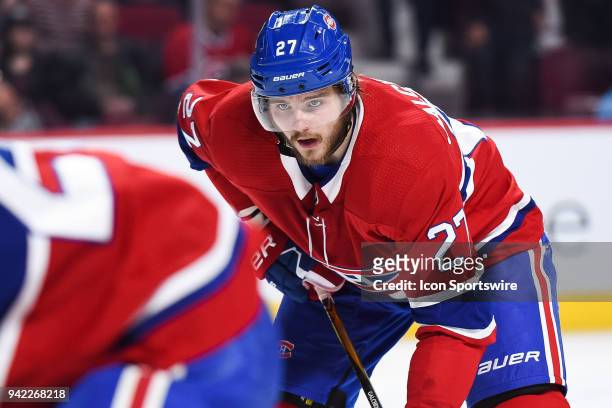 Look on Montreal Canadiens Winger Alex Galchenyuk during the Winnipeg Jets versus the Montreal Canadiens game on April 3 at Bell Centre in Montreal,...