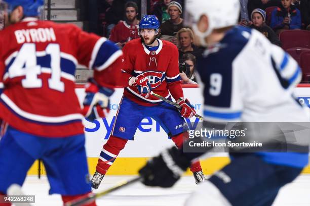 Look on Montreal Canadiens Winger Alex Galchenyuk during the Winnipeg Jets versus the Montreal Canadiens game on April 3 at Bell Centre in Montreal,...