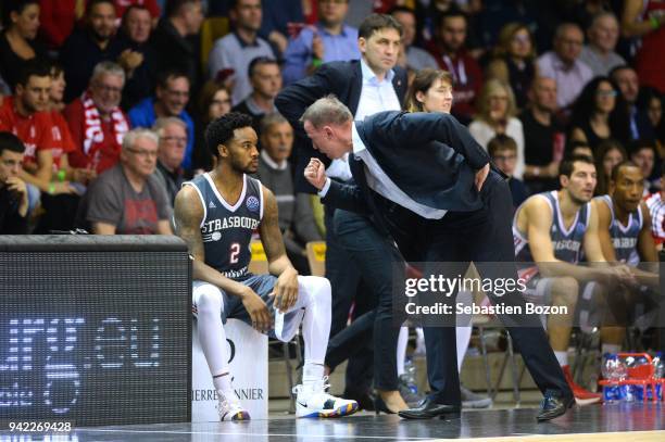 Levi Randolph and head coach Vincent Collet of Strasbourg during the Champions League match between Strasbourg and AEK Athens on April 4 and 2018 in...