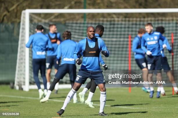 Allan Nyom of West Bromwich Albion during a West Bromwich Albion training session on April 5, 2018 in West Bromwich, England.