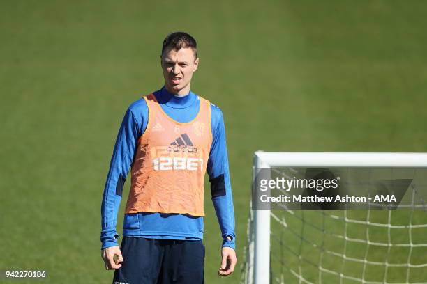 Jonny Evans of West Bromwich Albion during a West Bromwich Albion training session on April 5, 2018 in West Bromwich, England.