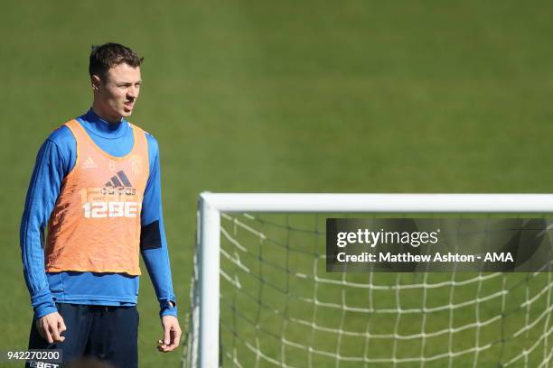 Jonny Evans of West Bromwich Albion during a West Bromwich Albion training session on April 5, 2018 in West Bromwich, England.