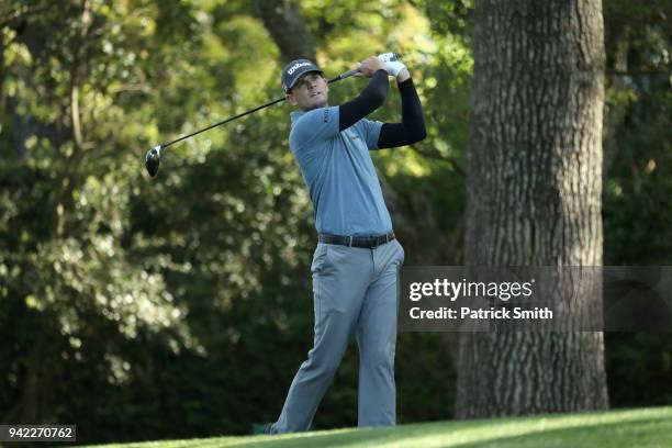 Brendan Steele of the United States plays his shot from the second tee during the first round of the 2018 Masters Tournament at Augusta National Golf...