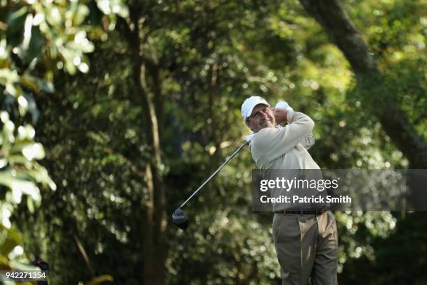 Jose Maria Olazabal of Spain plays his shot from the second tee during the first round of the 2018 Masters Tournament at Augusta National Golf Club...