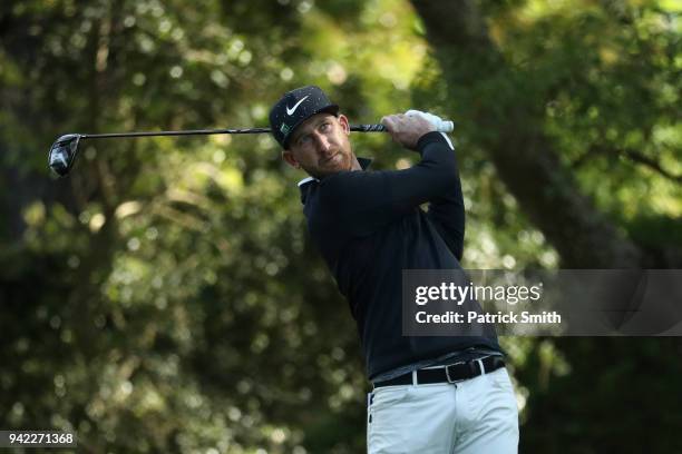 Kevin Chappell of the United States plays his shot from the second tee during the first round of the 2018 Masters Tournament at Augusta National Golf...