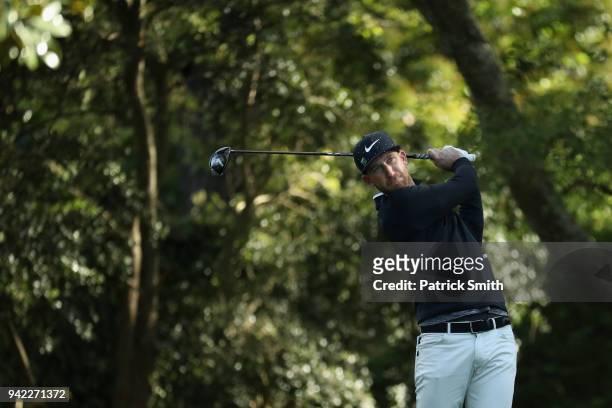 Kevin Chappell of the United States plays his shot from the second tee during the first round of the 2018 Masters Tournament at Augusta National Golf...
