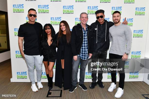 Elvis Duran poses with "Jersey Shore Family Vacation" cast members Mike "The Situation" Sorrentino, Nicole "Snooki" Polizzi, Deena Nicole Cortese,...