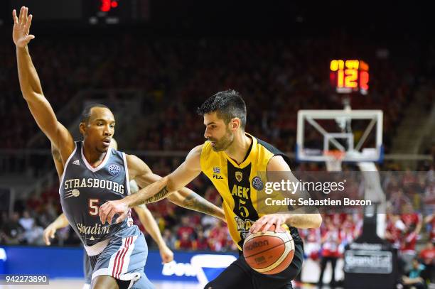 Darion Atkins of Strasbourg and Dusan Sakota of AEK Athens during the Champions League match between Strasbourg and AEK Athens on April 4 and 2018 in...