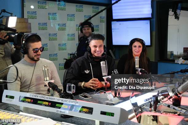 Vinny Guadagnino, Paul "Pauly D" DelVecchio, and Deena Nicole Cortese visit the "The Elvis Duran Z100 Morning Show" at Z100 Studio on April 5, 2018...