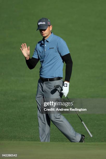 Brendan Steele of the United States waves on the second green during the first round of the 2018 Masters Tournament at Augusta National Golf Club on...