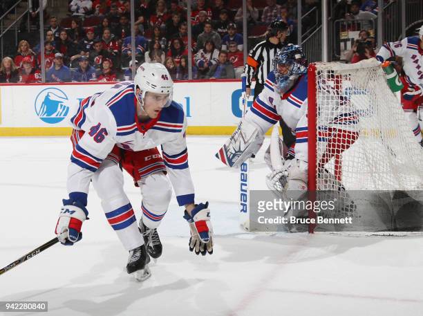Rob O'Gara of the New York Rangers skates against the New Jersey Devils at the Prudential Center on April 3, 2018 in Newark, New Jersey. The Devils...