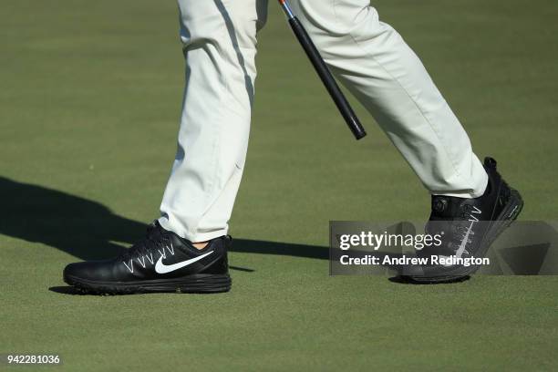 Detail of Kevin Chappell of the United States' shoes during the first round of the 2018 Masters Tournament at Augusta National Golf Club on April 5,...