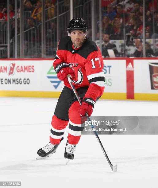 Patrick Maroon of the New Jersey Devils skates against the New York Rangers at the Prudential Center on April 3, 2018 in Newark, New Jersey. The...