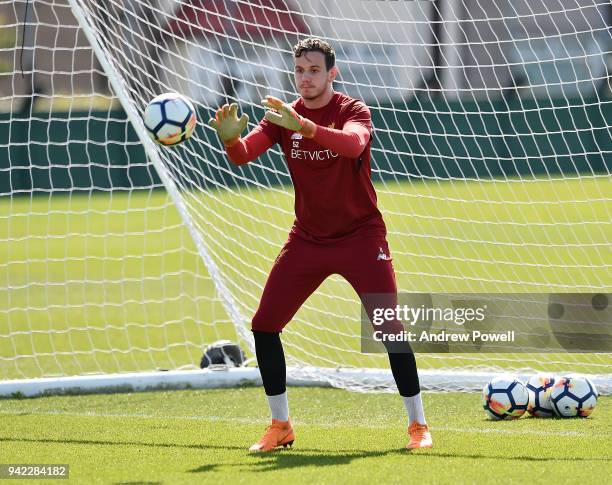 Danny Ward of Liverpool during a training session at Melwood Training Ground on April 5, 2018 in Liverpool, England.