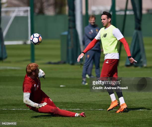 Danny Ward and Adam Bogdan of Liverpool during a training session at Melwood Training Ground on April 5, 2018 in Liverpool, England.