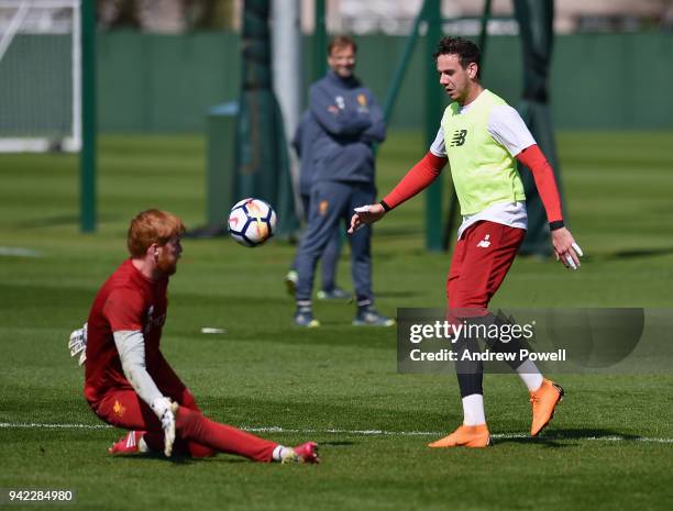 Danny Ward and Adam Bogdan of Liverpool during a training session at Melwood Training Ground on April 5, 2018 in Liverpool, England.