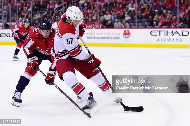 Trevor van Riemsdyk of the Carolina Hurricanes and Jakub Vrana of the Washington Capitals battle for the puck in the first period at Capital One...