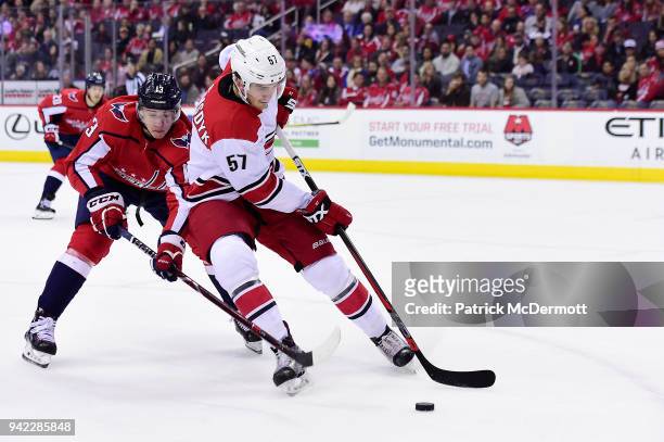 Trevor van Riemsdyk of the Carolina Hurricanes and Jakub Vrana of the Washington Capitals battle for the puck in the first period at Capital One...
