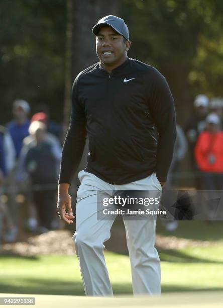 Jhonattan Vegas of Columbia walks up to the first green during the first round of the 2018 Masters Tournament at Augusta National Golf Club on April...