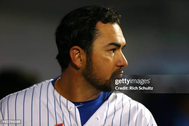 Adrian Gonzalez of the New York Mets in action against the Philadelphia Phillies during a game at Citi Field on April 3, 2018 in the Flushing...