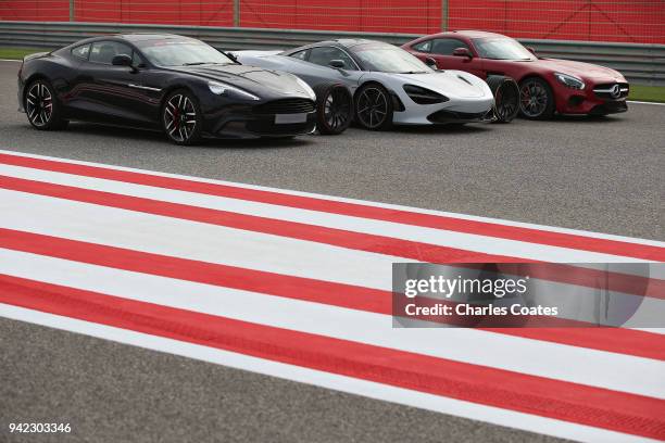 The three cars to be used for the F1 Hot Laps program, Aston Martin Vanquish S, McLaren 720S and Mercedes SLS during previews ahead of the Bahrain...