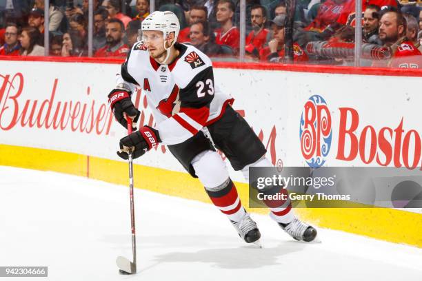 Oliver Ekman-Larsson of the Arizona Coyotes skates with the puck in an NHL game on April 3, 2018 at the Scotiabank Saddledome in Calgary, Alberta,...