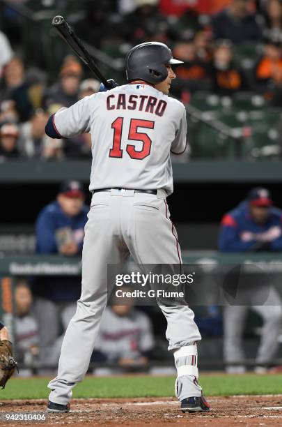 Jason Castro of the Minnesota Twins bats against the Baltimore Orioles at Oriole Park at Camden Yards on March 31, 2018 in Baltimore, Maryland.