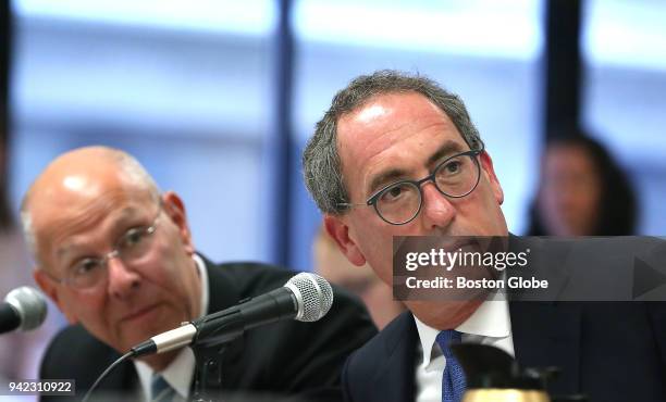 Dr. Howard Grant, CEO of Lahey Health, left, and Dr. Kevin Tabb, CEO of Beth Israel Deaconess Medical Center, address the Public Health Council in...
