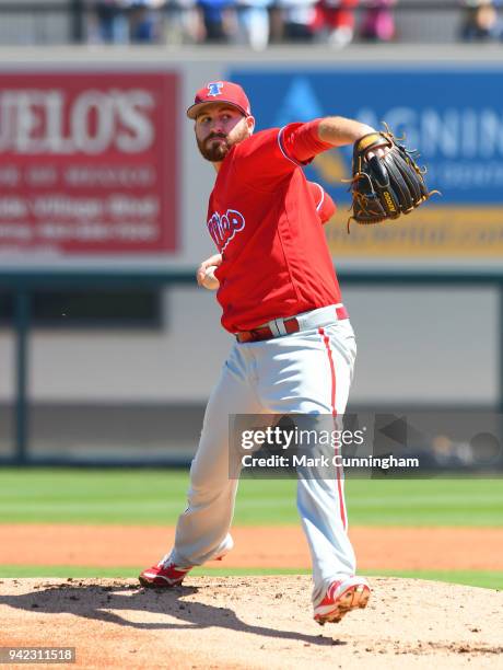 Drew Hutchison of the Philadelphia Phillies pitches during the Spring Training game against the Detroit Tigers at Publix Field at Joker Marchant...