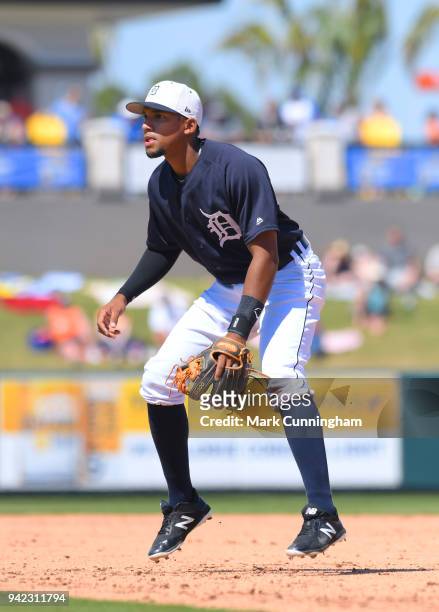 Dixon Machado of the Detroit Tigers fields during the Spring Training game against the Philadelphia Phillies at Publix Field at Joker Marchant...