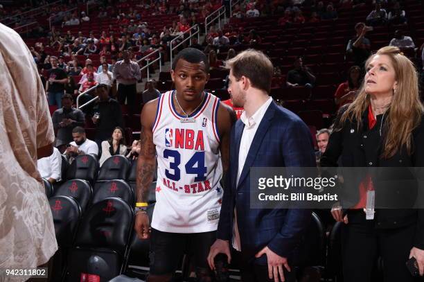 Deshaun Watson attends the game between the Washington Wizards and the Houston Rockets on April 3, 2018 at the Toyota Center in Houston, Texas. NOTE...