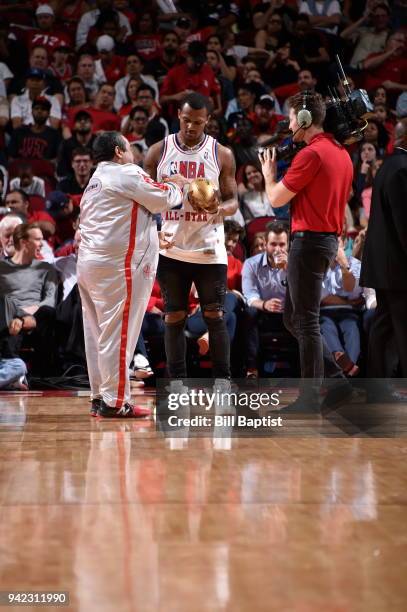 Deshaun Watson attends the game between the Washington Wizards and the Houston Rockets on April 3, 2018 at the Toyota Center in Houston, Texas. NOTE...