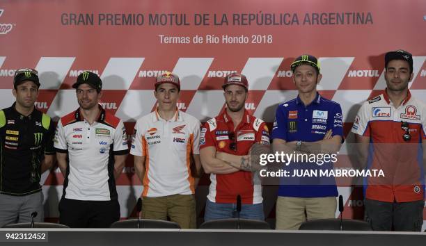 MotoGP Yamaha biker Johann Zarco of France, Honda biker Cal Crutchlow of Britain, Honda biker Marc Marquez of Spain, Ducati biker Andrea Dovizioso of...