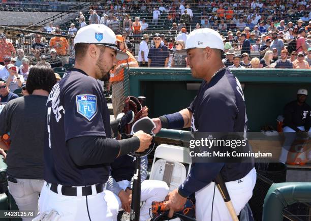 Nicholas Castellanos and Miguel Cabrera of the Detroit Tigers stand together prior to the Spring Training game against the Philadelphia Phillies at...