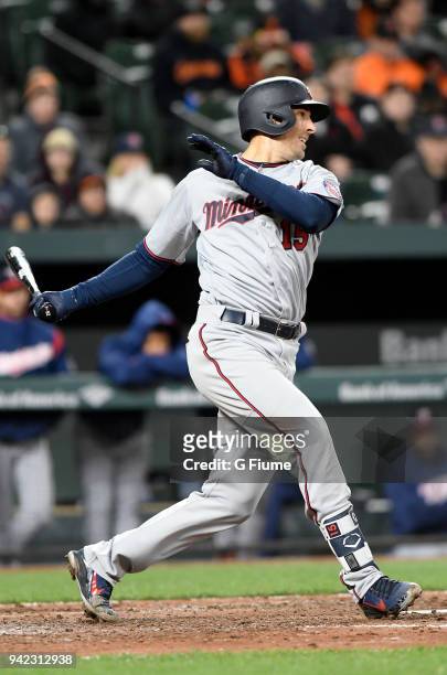 Jason Castro of the Minnesota Twins bats against the Baltimore Orioles at Oriole Park at Camden Yards on March 31, 2018 in Baltimore, Maryland.