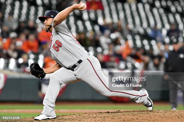 Gabriel Moya of the Minnesota Twins pitches against the Baltimore Orioles at Oriole Park at Camden Yards on March 31, 2018 in Baltimore, Maryland.